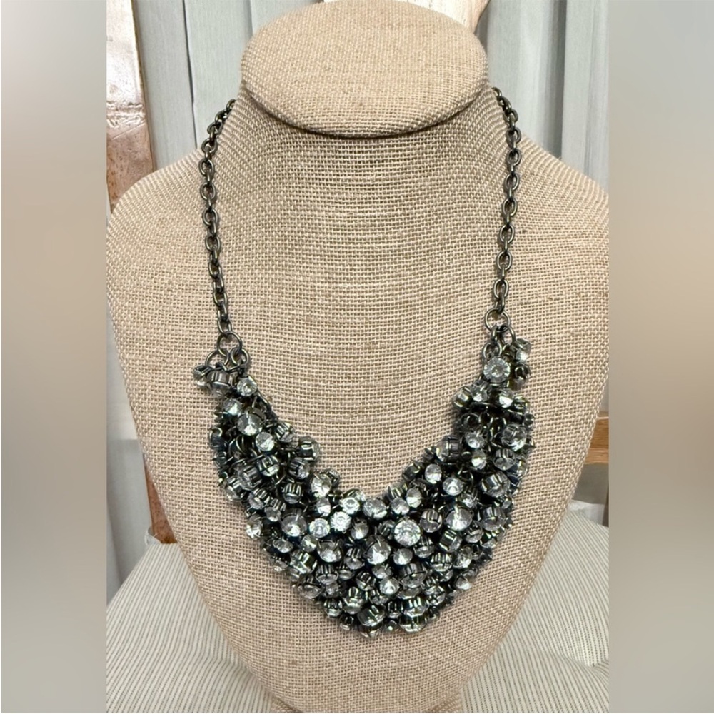 Vintage Silver Crystal Cluster Bib Necklace - Silver